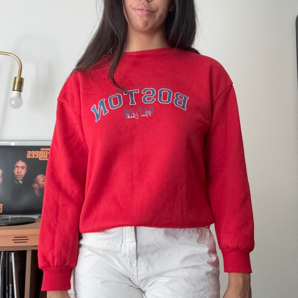 SHEIN‎ Red Boston Graphic Crew Neck Sweatshirt Collegiate Fleece Pullover Small